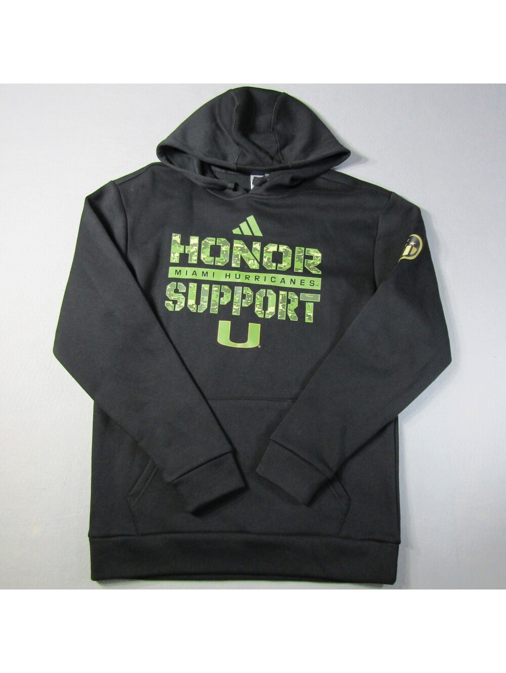 NWT Adidas Miami Hurricanes Honor Support Hoodie Youth's S Black Green Camo